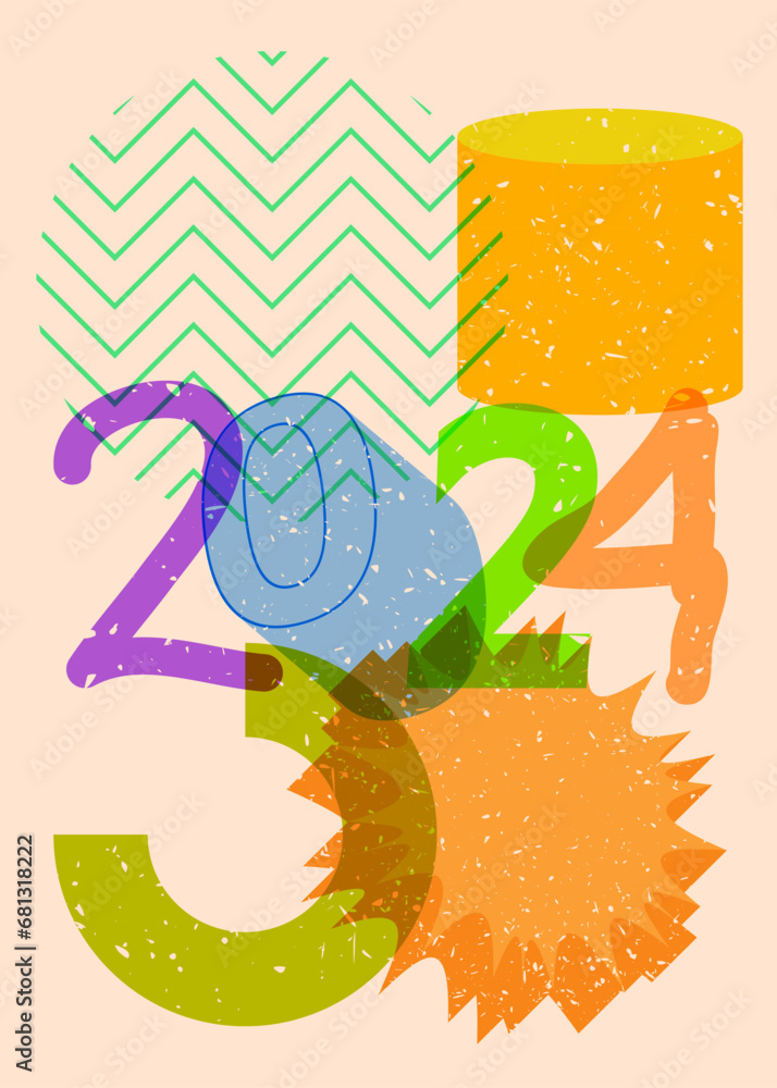 Poster risograph number 2024 with geometric shapes. objects in trendy riso graph print texture style design