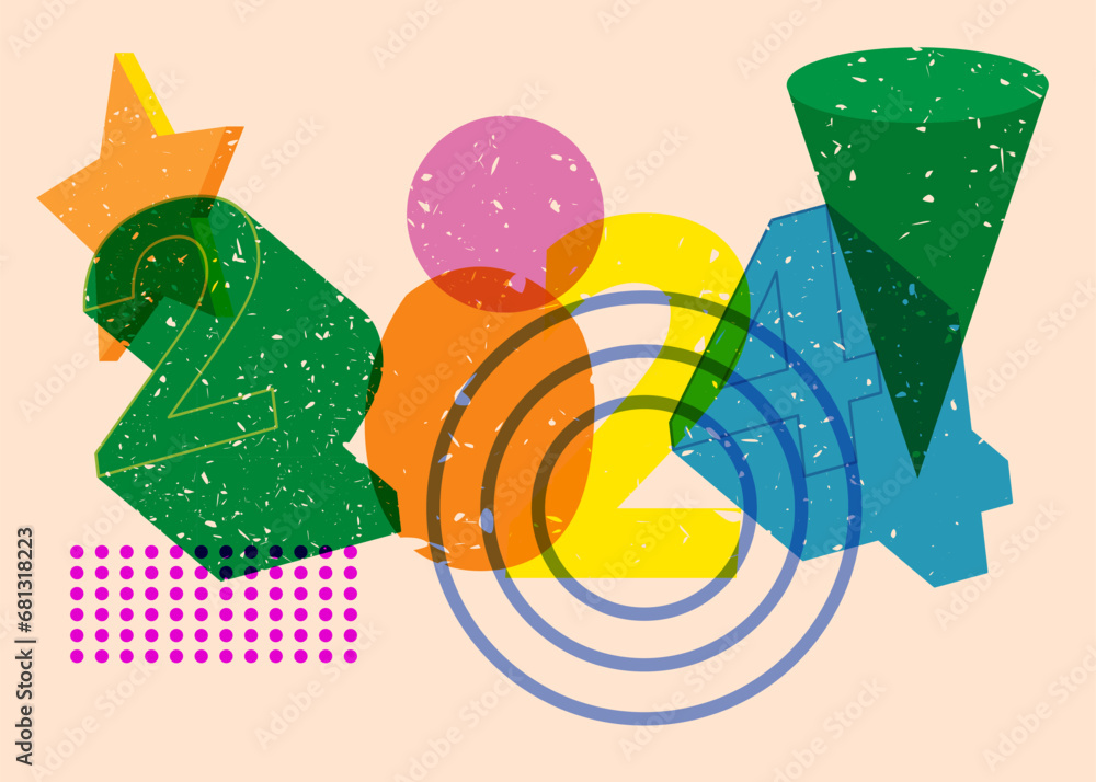 Poster risograph number 2024 with geometric shapes. objects in trendy riso graph print texture style design