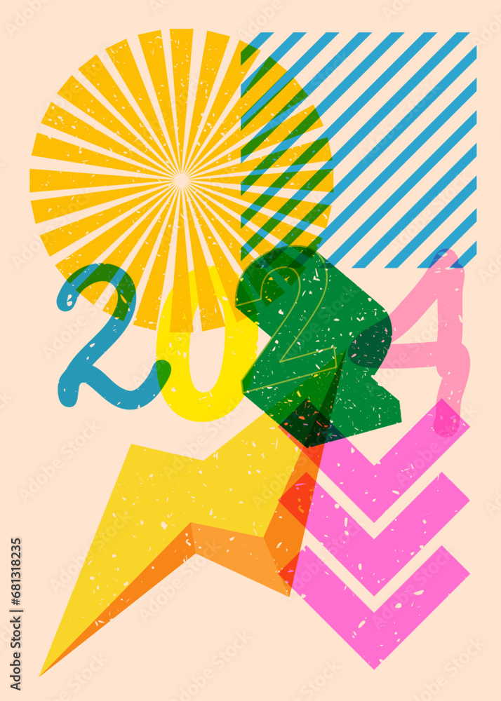 Poster risograph number 2024 with geometric shapes. objects in trendy riso graph print texture style design