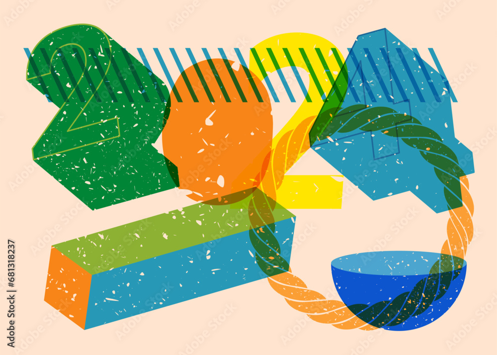 Poster risograph number 2024 with geometric shapes. objects in trendy riso graph print texture style design