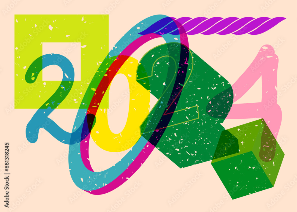 Poster risograph number 2024 with geometric shapes. objects in trendy riso graph print texture style design
