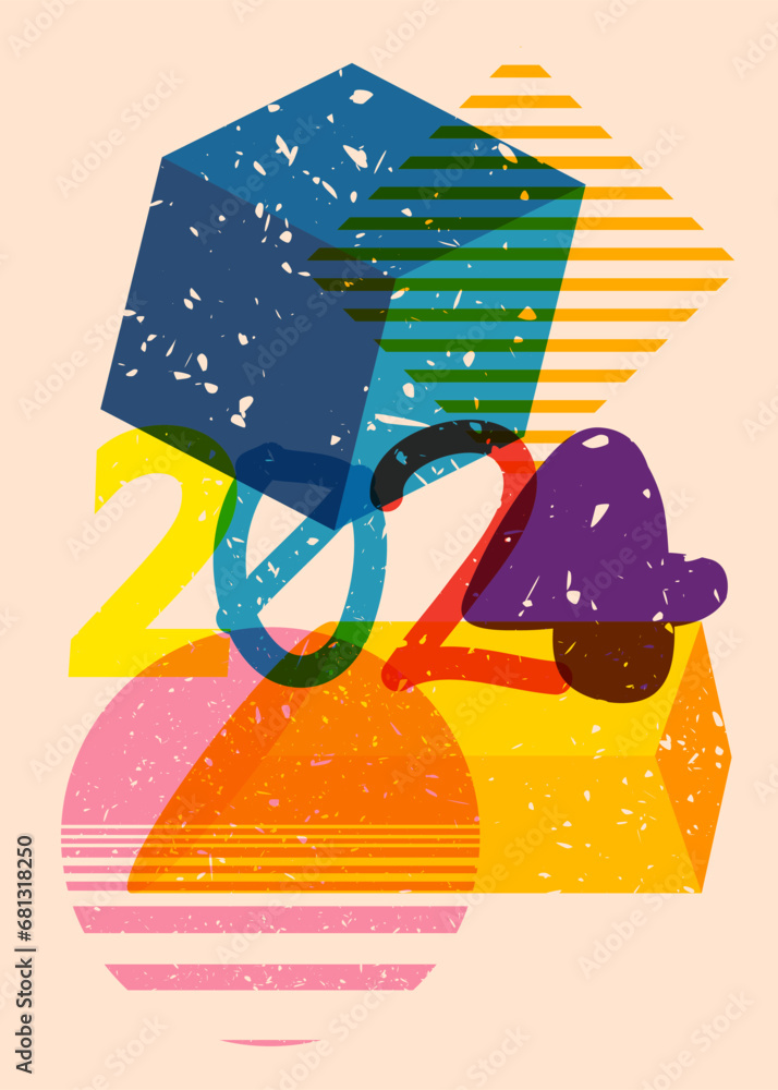 Poster risograph number 2024 with geometric shapes. objects in trendy riso graph print texture style design