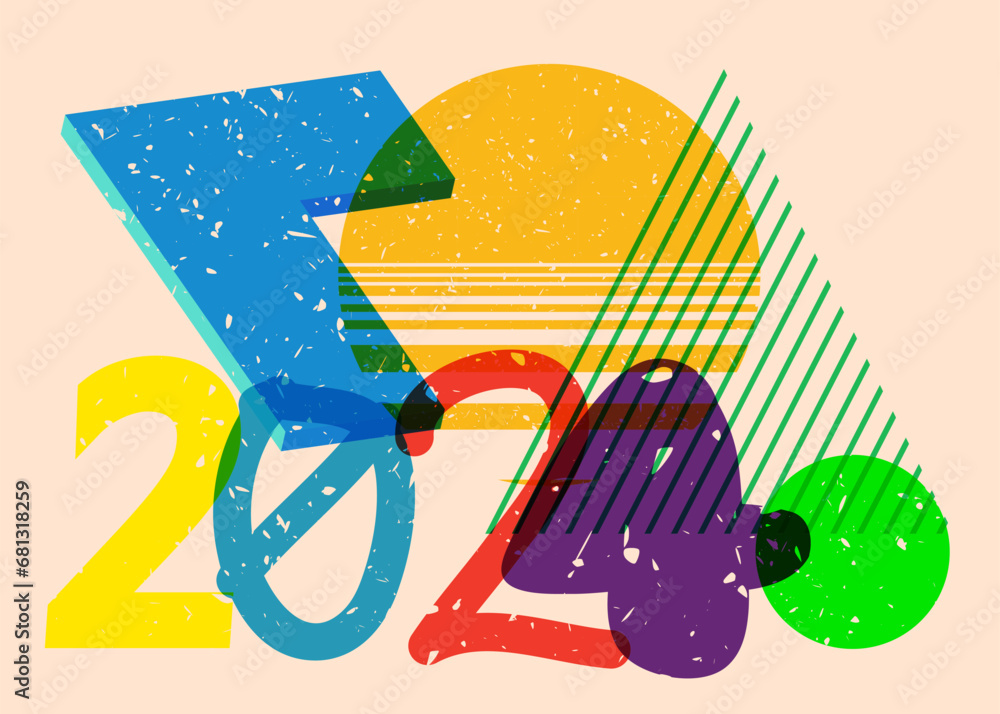 Poster risograph number 2024 with geometric shapes. objects in trendy riso graph print texture style design