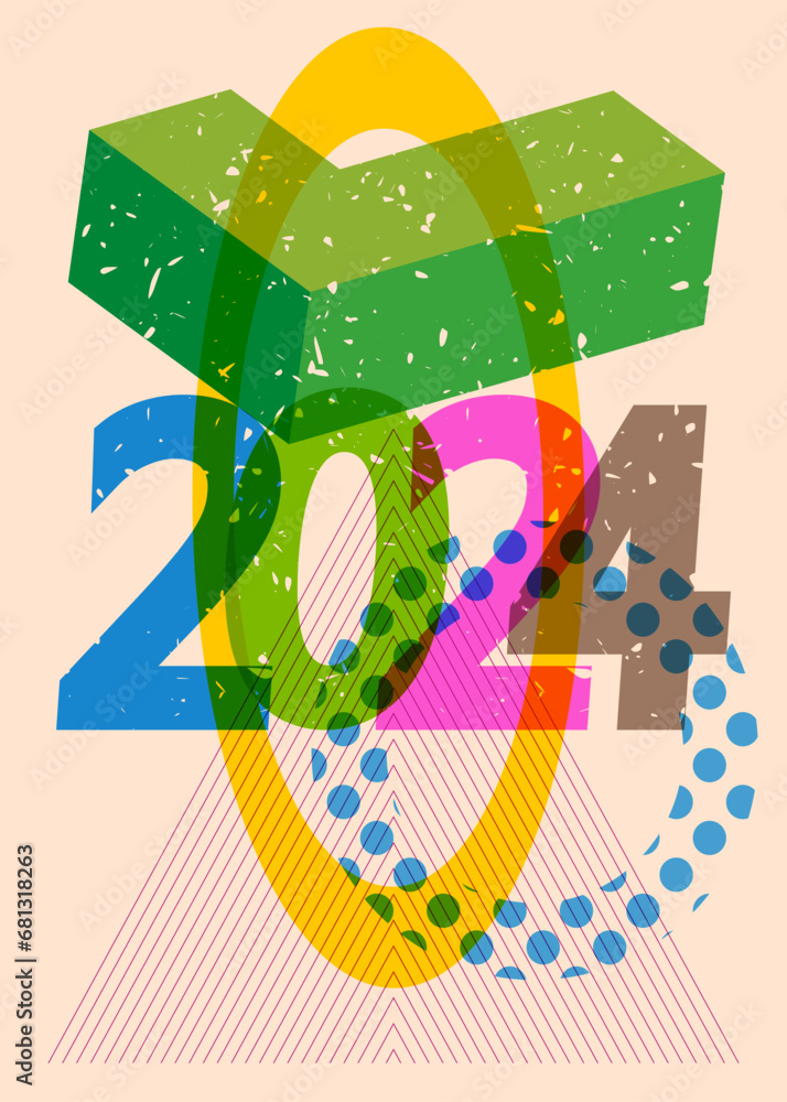 Poster risograph number 2024 with geometric shapes. objects in trendy riso graph print texture style design