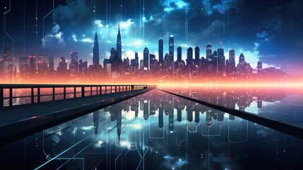 Cityscape view at night, in the style of technological art, Data visualization, Light aquamarine and magenta.