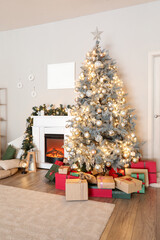 Interior of living room with fireplace, Christmas tree and gifts