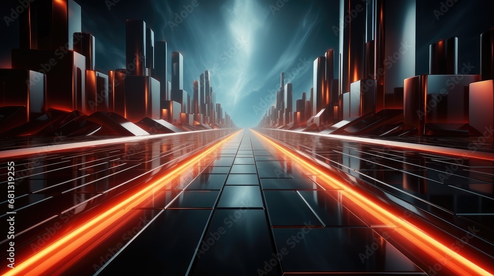 Poster beautiful abstract futuristic dark background with with many lines neon red glow.