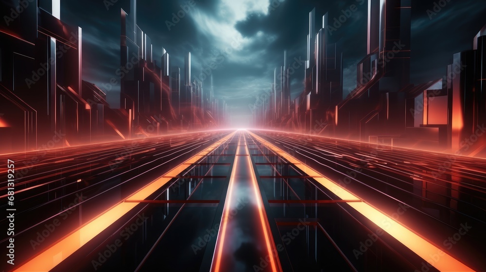 Poster beautiful abstract futuristic dark background with with many lines neon red glow.