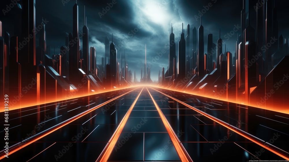 Poster beautiful abstract futuristic dark background with with many lines neon red glow.