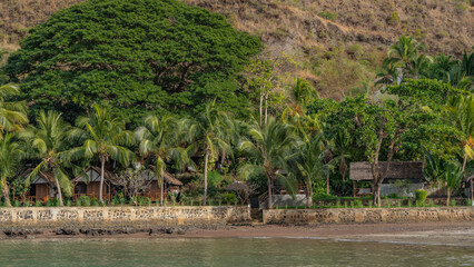 The wooden cottages of the hotel stand in a row on the ocean at the foot of the mountain. Houses can be seen through lush green vegetation, palm trees. A concrete barrier at the water's edge.
