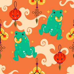 Seamless pattern of asian cute funny characters. Red sky lanterns, coins, funny money toad with coin in mouth.