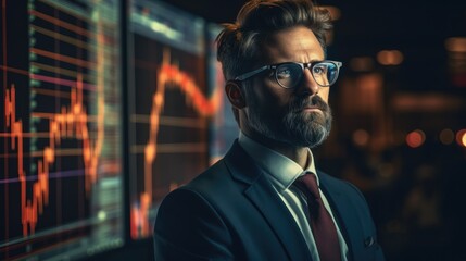 Financial Analyst, Digital Entrepreneur Successfully Trading, Financial charts overlay with background, Portrait of Stock Market Trader Doing Analysis of Investment Charts, Graphs.