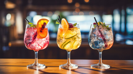 set of glass of champagne, colorful gin tonic cocktails in glasses on bar counter in pup or restaurant.