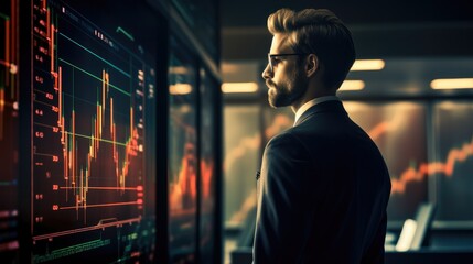 Business man in suit with crypto coin looking at forex trading graphics on the screen. - obrazy, fototapety, plakaty