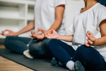 A mother and daughter enjoy leisure time by meditating and doing yoga in their living room. Their...