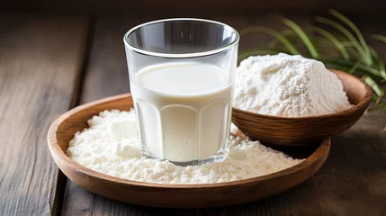 Fototapeten protein powder with milk, Glass of fresh milk and powdered milk or milk powder isolated on white background. © Planetz