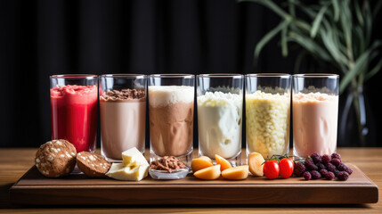 milk and candy, Protein cocktails in glasses, sport nutrition.fruit cocktail