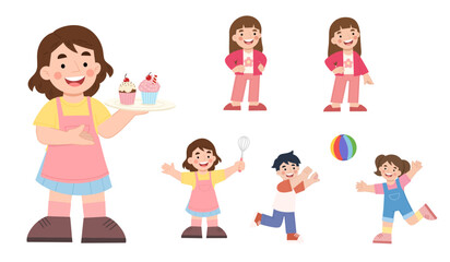ten little kids characters . template for international children's day celebration. vector cute cartoon kids playing on floor in kindergarten