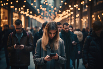 A crowd of people is walking by the street and checking their smartphones. - 681320421