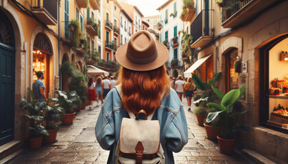 Tourist woman with hat and backpack explores European street, embodying wanderlust. Back view captures her enjoying the charm of cobblestone streets and quaint storefronts on a summer vacation - obrazy, fototapety, plakaty