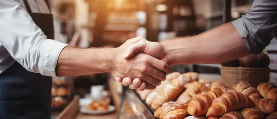 Fotobehang defocused handshake at a modern pastry cafe, with a minimalist design and trendy desserts, in a contemporary bakery © mariyana_117