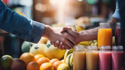   defocused handshake at a fresh juice stand, with a colorful display of fruits and juices, in a vibrant health market style,  © mariyana_117