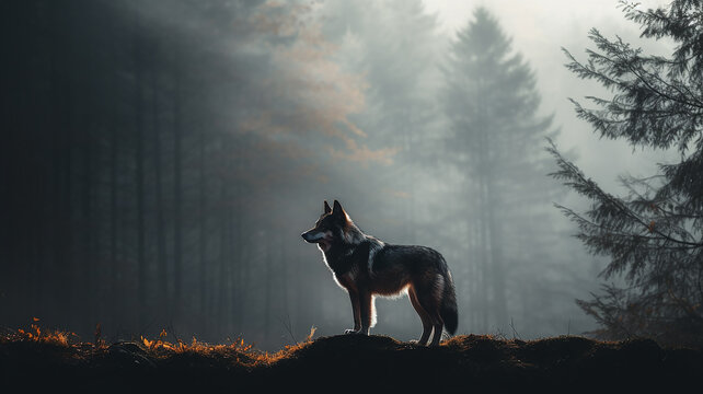silhouette of a wolf in a misty autumn forest landscape view of wildlife