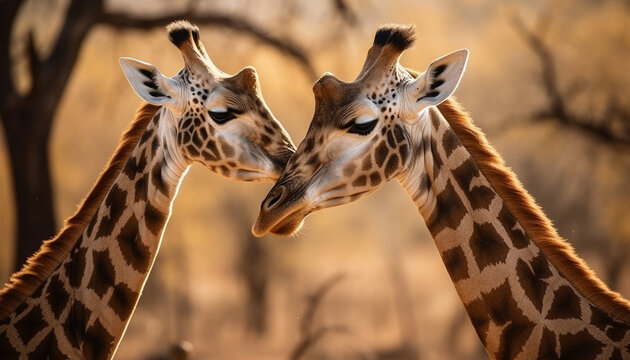 Giraffe family standing in the savannah, elegance in nature beauty generated by AI