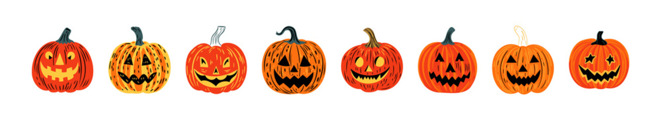 Set of halloween jack o lantern cartoon illustration doodle. Scary october holiday decoration collection in hand drawn style. Spooky autumn party graphic bundle, creepy carved smiling pumpkin.	
