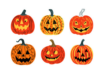Set of halloween jack o lantern cartoon illustration doodle. Scary october holiday decoration collection in hand drawn style. Spooky autumn party graphic bundle, creepy carved smiling pumpkin.	
