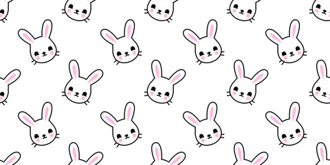 Happy rabbit cartoon doodle seamless pattern. Funny bunny face flat illustration background. Animal texture print, easter character wallpaper.	

