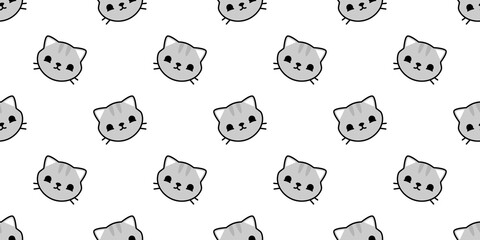 Happy cat cartoon doodle seamless pattern. Funny kitten face flat illustration background. Animal texture print. Playful pet character wallpaper.	
