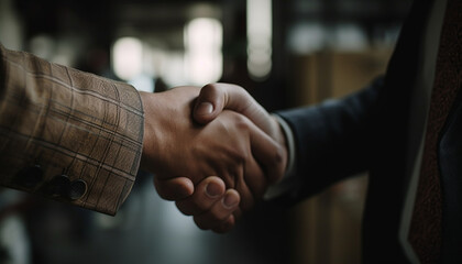 Successful businessmen shaking hands in corporate office, sealing agreement generated by AI - obrazy, fototapety, plakaty