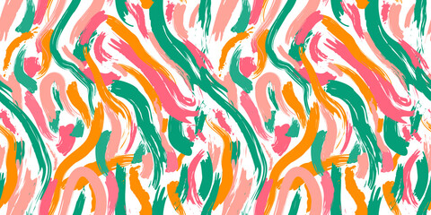 Colorful abstract brush stroke painting seamless pattern illustration. Modern paint line background in fun color. Messy graffiti sketch wallpaper print, freehand rough hand drawn texture.	