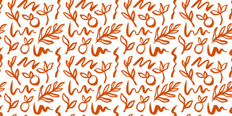 Abstract hand drawn seamless pattern illustration of line doodles. Nature background design with flower, leaf and fruits.	
