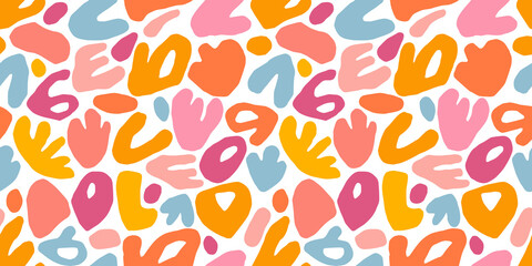 Abstract organic shape art seamless pattern with colorful freehand doodles. Contemporary flat cartoon background, simple summer shapes in bright childish colors.	

