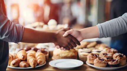 defocused handshake at a modern pastry cafe, with a minimalist design and trendy desserts, in a contemporary bakery - obrazy, fototapety, plakaty