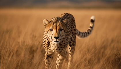 Naklejka premium African cheetah walking on savannah, staring with alertness generated by AI