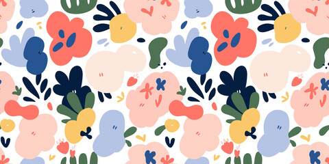 Abstract nature flower plant leaf art seamless pattern with colorful doodle shape. Organic leaves cartoon background, simple floral shapes in modern pastel colors.	
