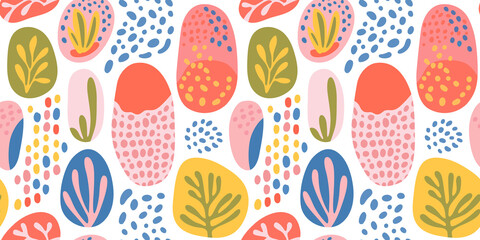 Abstract plant leaf art seamless pattern with colorful doodle shape. Organic leaves cartoon background, simple nature shapes in vintage pastel colors.	
