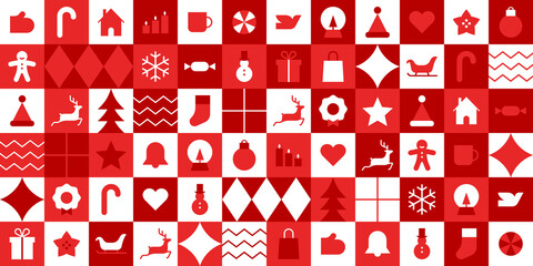 Modern geometric christmas mosaic seamless pattern. Abstract xmas holiday icon background with traditional winter decoration. Festive party invitation texture, minimalist december event print.	
