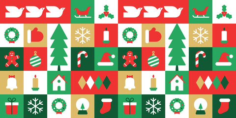 Modern geometric christmas mosaic seamless pattern. Abstract xmas holiday icon background with traditional winter decoration. Festive party invitation texture, minimalist december event print.