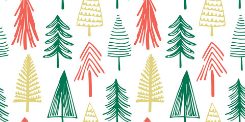 Hand drawn christmas tree seamless pattern illustration. Vintage style pine drawing background for festive xmas celebration event. Holiday nature texture print, december decoration wallpaper.	 - obrazy, fototapety, plakaty