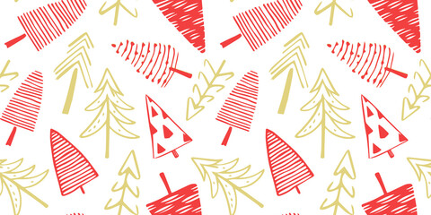 Hand drawn christmas tree seamless pattern illustration. Vintage style pine drawing background for festive xmas celebration event. Holiday nature texture print, december decoration wallpaper.	