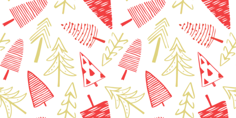 Fotobehang Hand drawn christmas tree seamless pattern illustration. Vintage style pine drawing background for festive xmas celebration event. Holiday nature texture print, december decoration wallpaper.  © Dedraw Studio