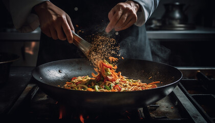 Grilled pork plate with fresh vegetables, a gourmet meal indoors generated by AI