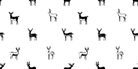Hand drawn christmas deer seamless pattern illustration. Black and white reindeer doodle background for festive xmas celebration event. Holiday animal texture print, december decoration wallpaper.	