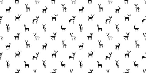 Hand drawn christmas deer seamless pattern illustration. Black and white reindeer doodle background for festive xmas celebration event. Holiday animal texture print, december decoration wallpaper.	