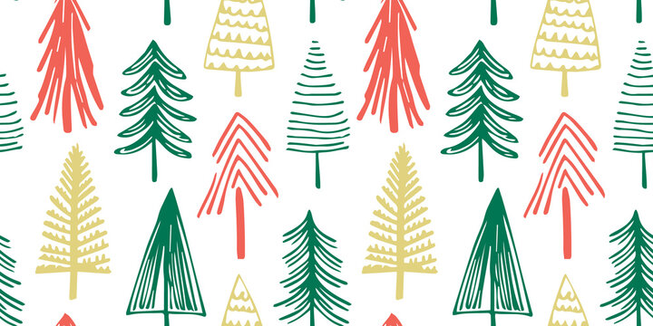 Hand drawn christmas tree seamless pattern illustration. Vintage style pine drawing background for festive xmas celebration event. Holiday nature texture print, december decoration wallpaper.	