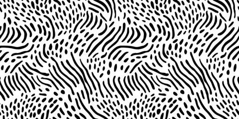 Abstract black and white line doodle seamless pattern. Creative squiggle style drawing background, trendy design with basic shapes. Simple hand drawn wallpaper print texture.   © Dedraw Studio